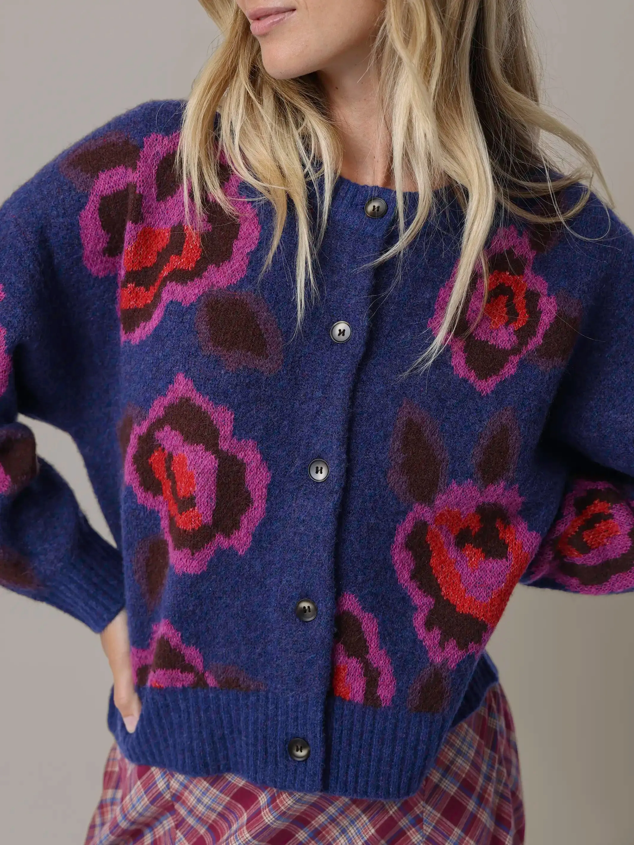 Jacquard Button Front Cardigan Sweater - Blue Rose sold by NATURAL LIFE