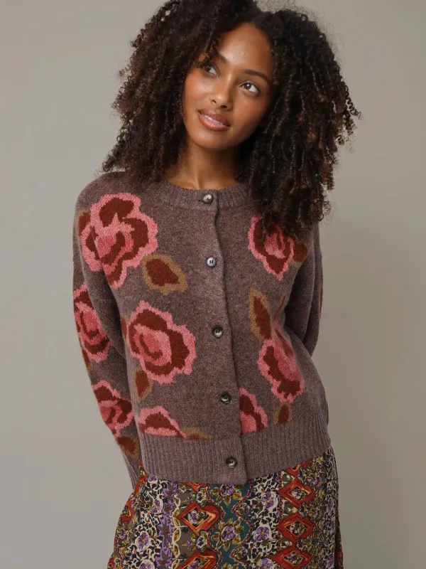 Jacquard Button Front Cardigan Sweater - Brown Rose sold by NATURAL LIFE