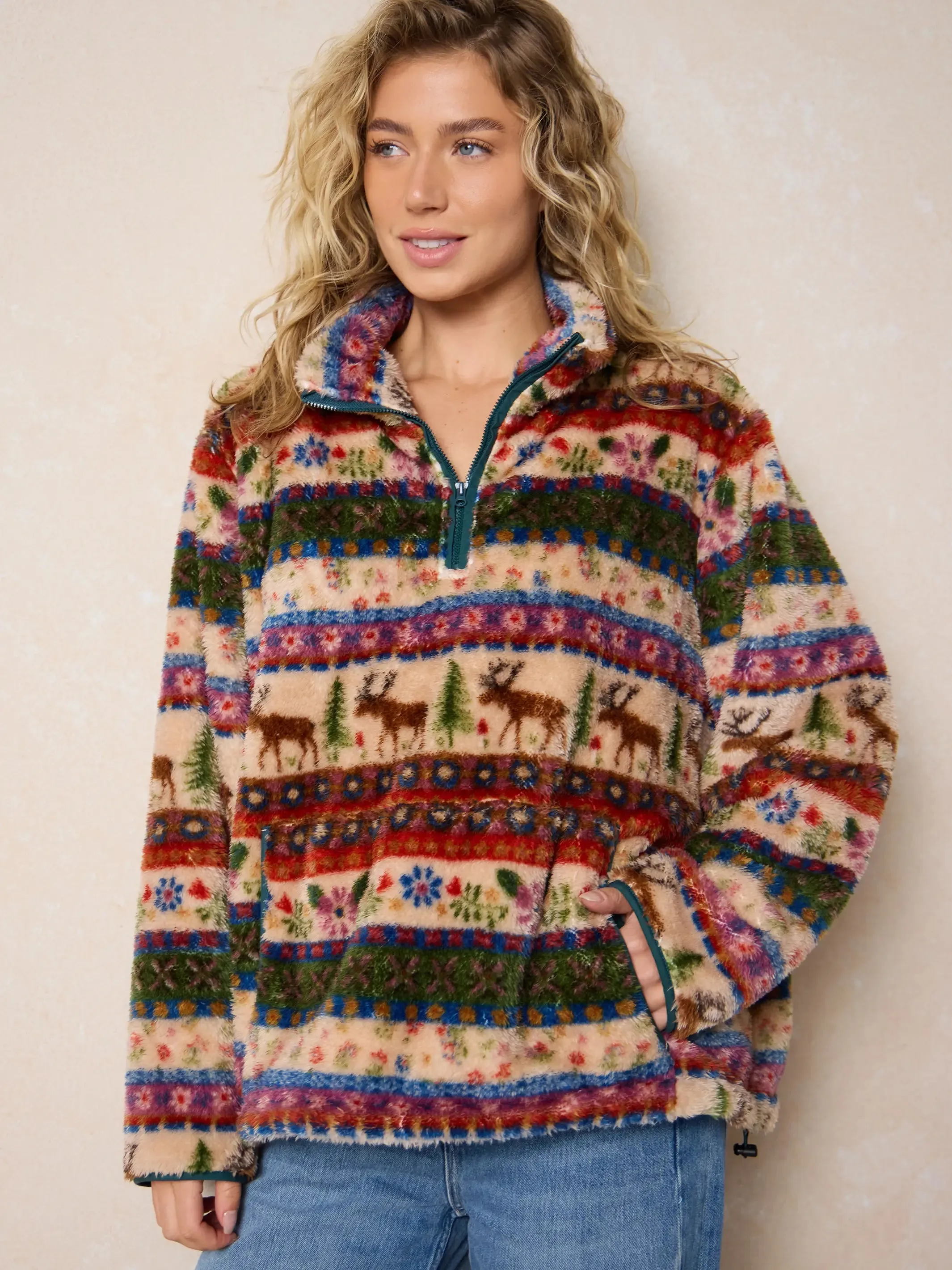 Coziest Quarter Zip Pullover Sweatshirt - Moose Cabin Borders sold by NATURAL LIFE product image thumbnail 3