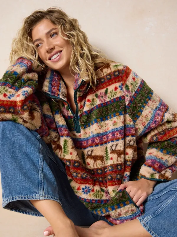 Coziest Quarter Zip Pullover Sweatshirt - Moose Cabin Borders sold by NATURAL LIFE