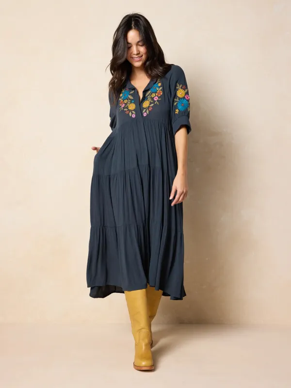 Rebecca Embroidered Midi Dress - Charcoal made by NATURAL LIFE