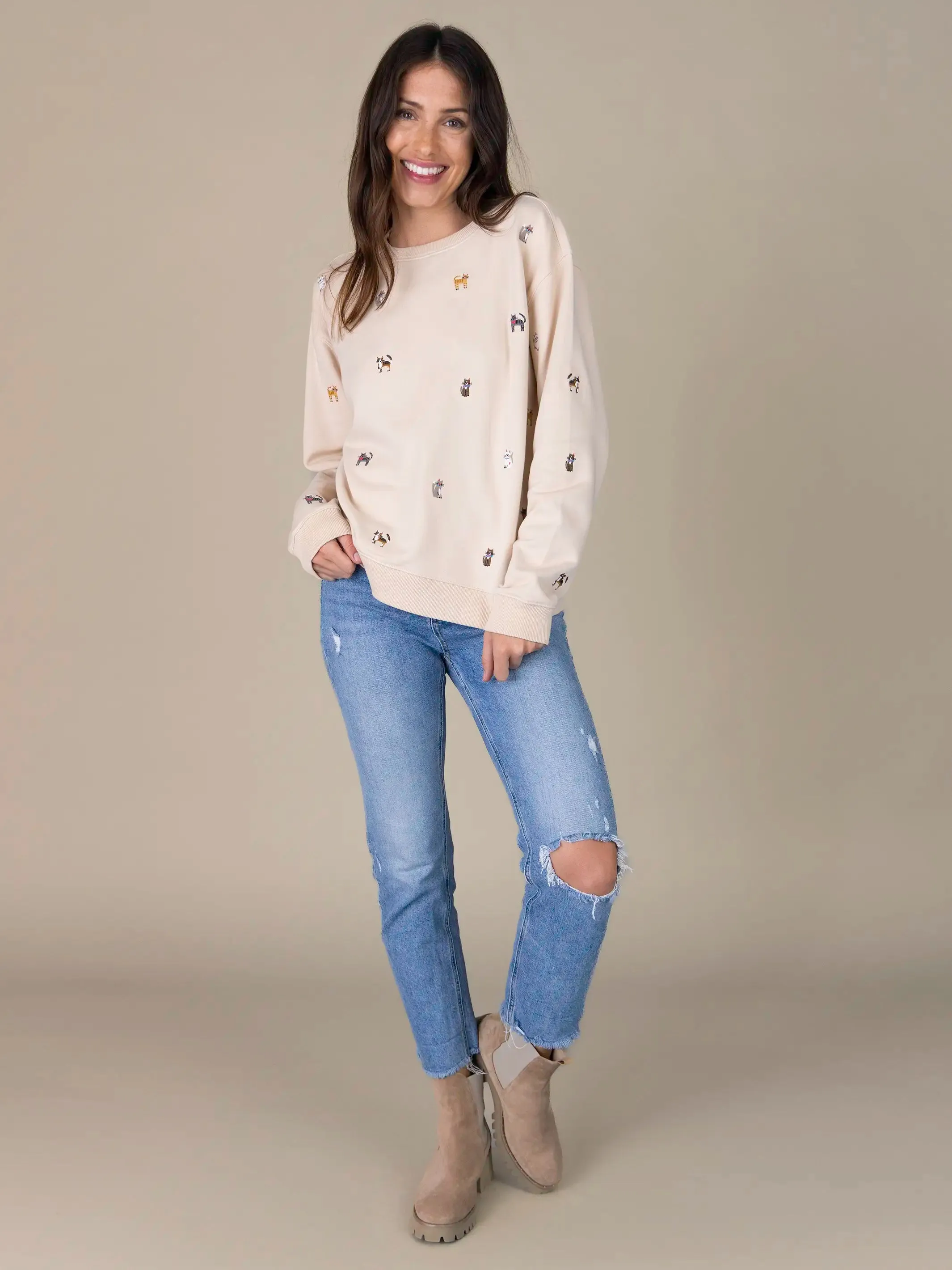 Fave Little Things Embroidered Sweatshirt - Cream Cats sold by NATURAL LIFE product image thumbnail 3