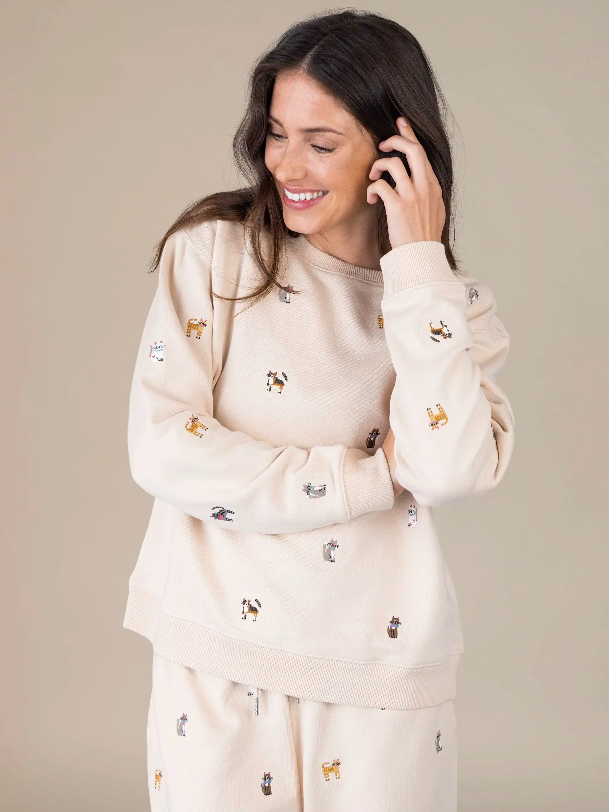 Fave Little Things Embroidered Sweatshirt - Cream Cats sold by NATURAL LIFE