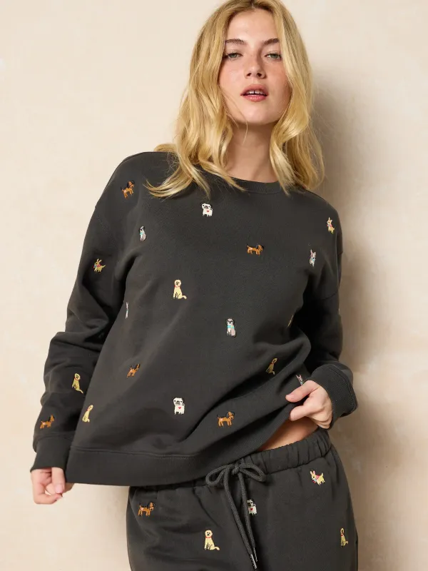 Fave Little Things Embroidered Sweatshirt - Charcoal Dogs sold by NATURAL LIFE