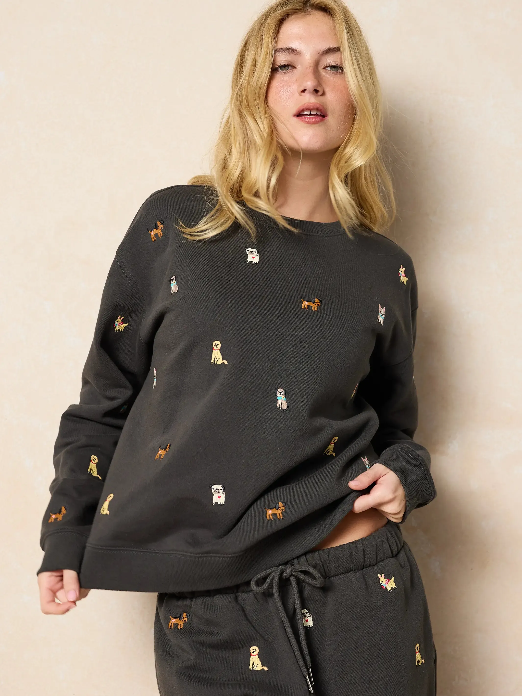 Fave Little Things Embroidered Sweatshirt - Charcoal Dogs sold by NATURAL LIFE