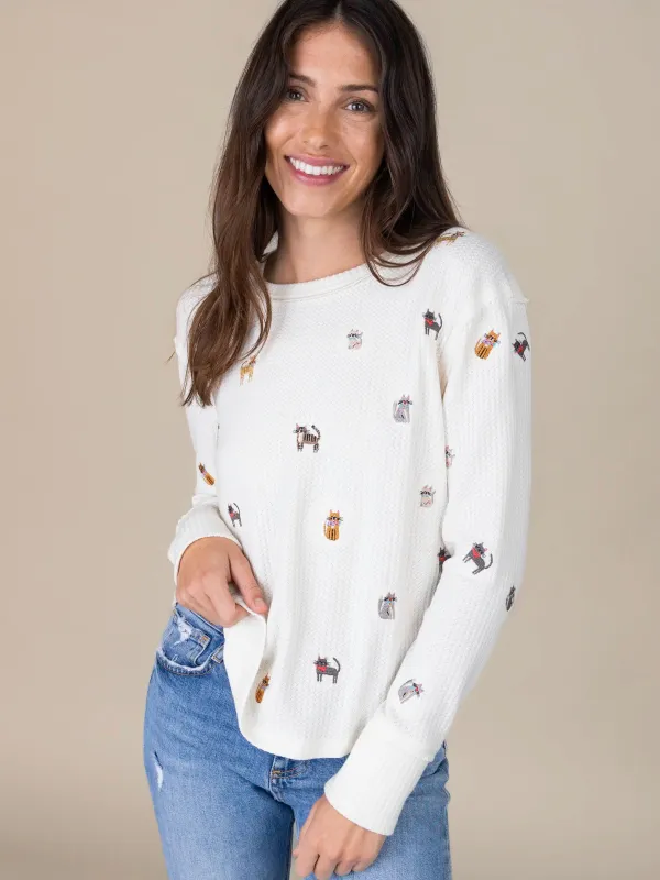 Parker Embroidered Thermal Tee - Cream Cats sold by NATURAL LIFE