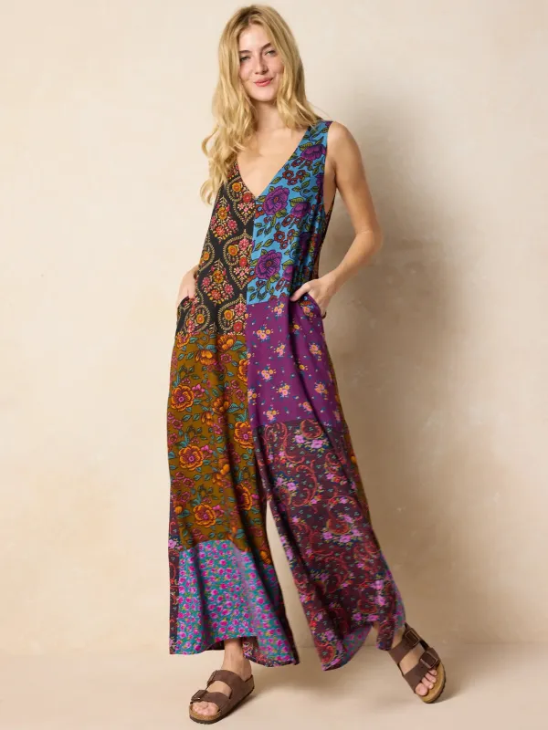 Let's Just Go Wide-Leg Jumpsuit - Woodcut Floral Blue sold by NATURAL LIFE