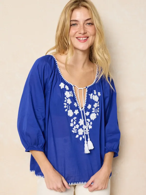 Christy Embroidered Cotton Blouse - Royal Blue sold by NATURAL LIFE