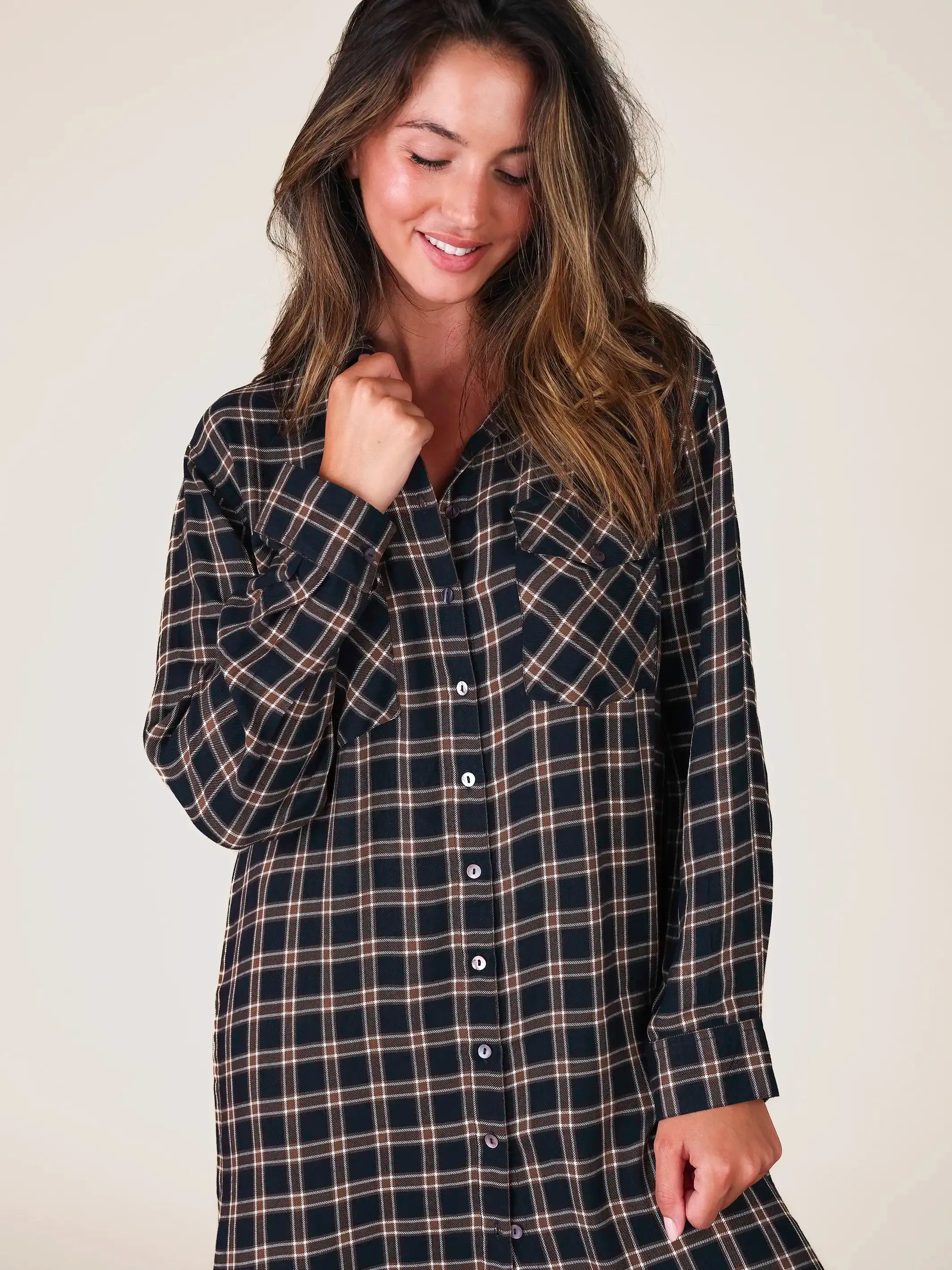 Cooper Shirt Dress - Navy Tan Plaid sold by NATURAL LIFE product image thumbnail 3
