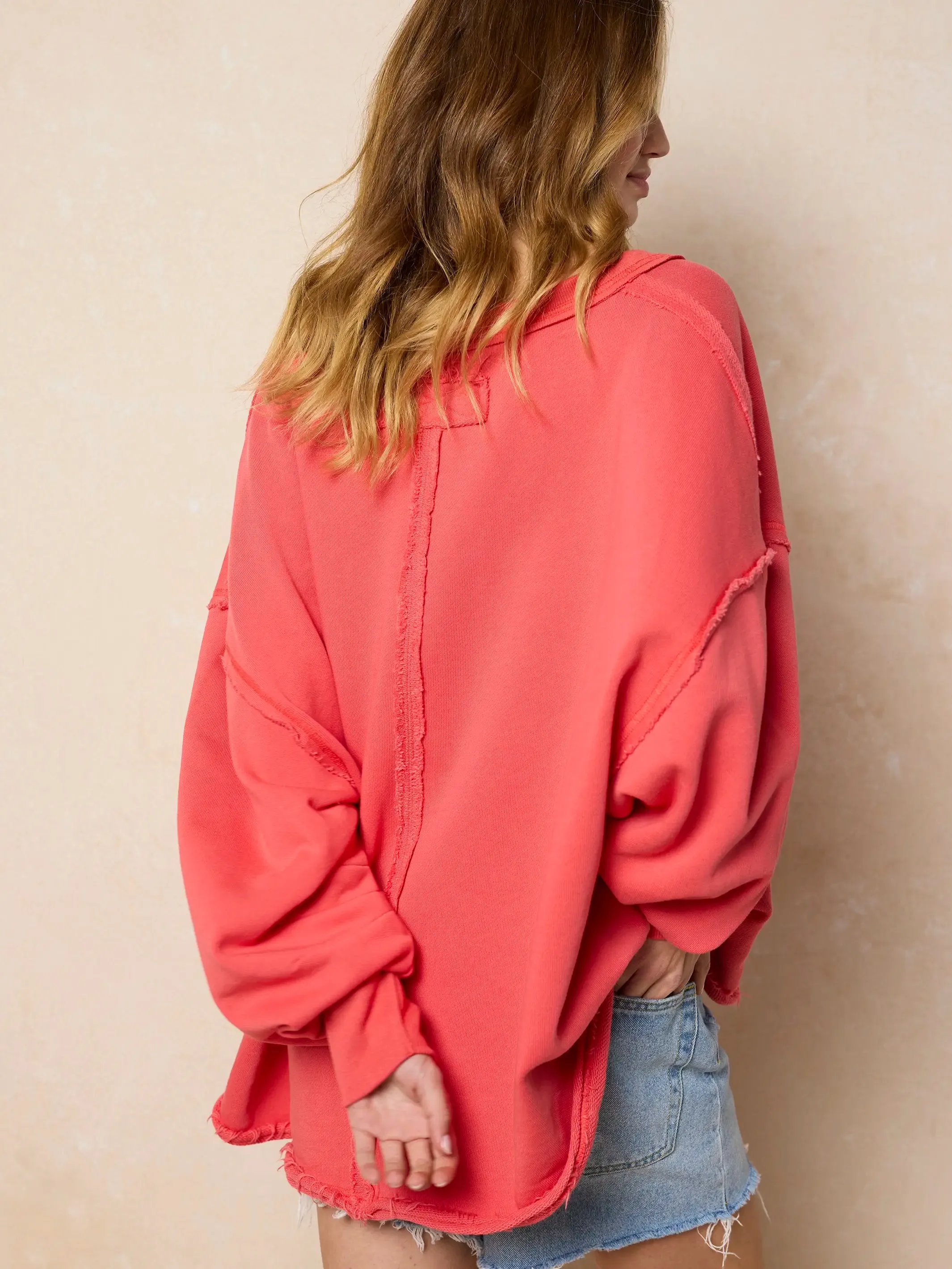 Kick Back Cotton V-Neck Pullover Sweatshirt - Coral sold by NATURAL LIFE product image thumbnail 3