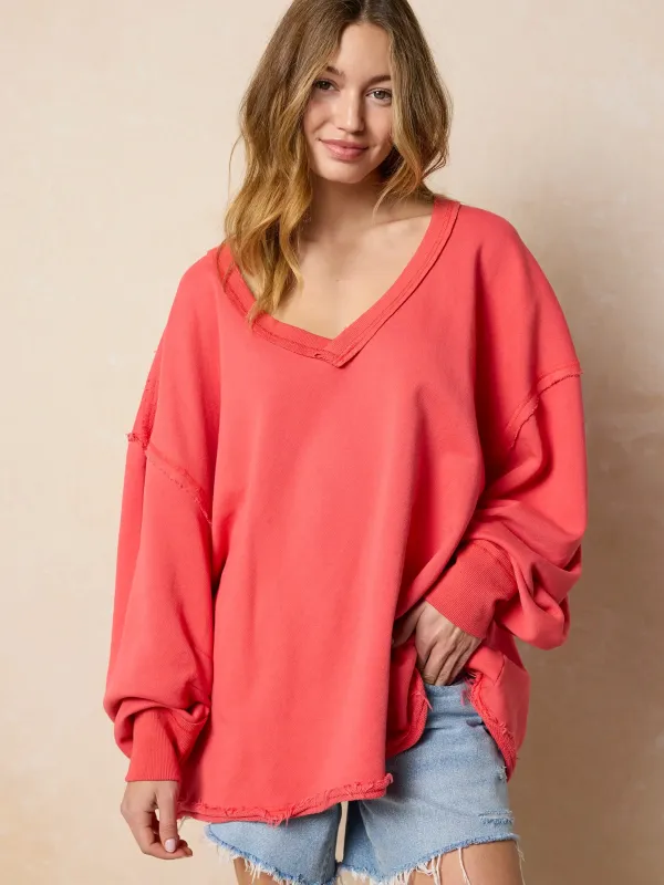 Kick Back Cotton V-Neck Pullover Sweatshirt - Coral sold by NATURAL LIFE