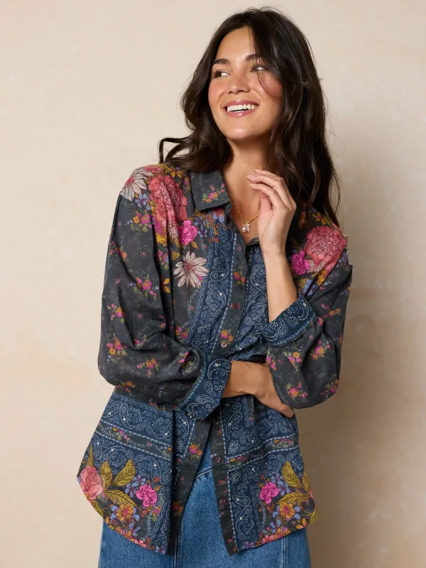 Barcelona Cotton Button Down - English Garden Charcoal sold by NATURAL LIFE