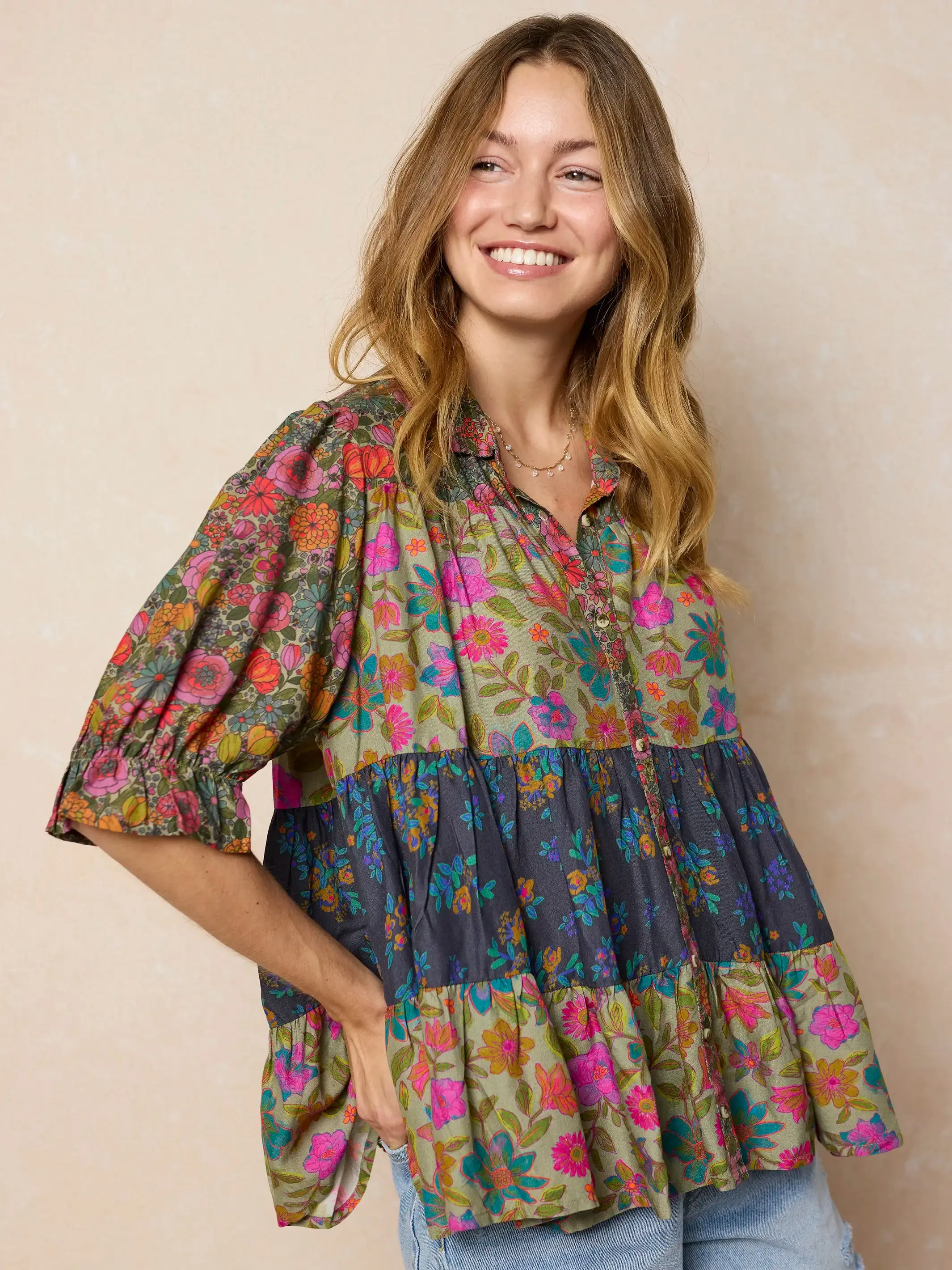 Chasing Blossoms Swing Top - Drawn Garden Multi sold by NATURAL LIFE