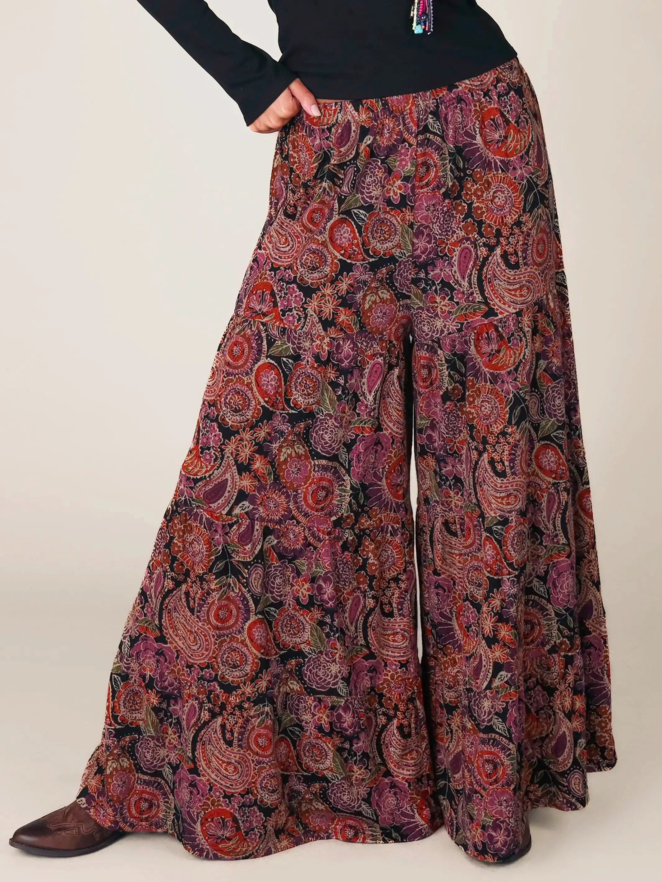 Patti Knit Palazzo Pants - Black Sketched Paisley sold by NATURAL LIFE