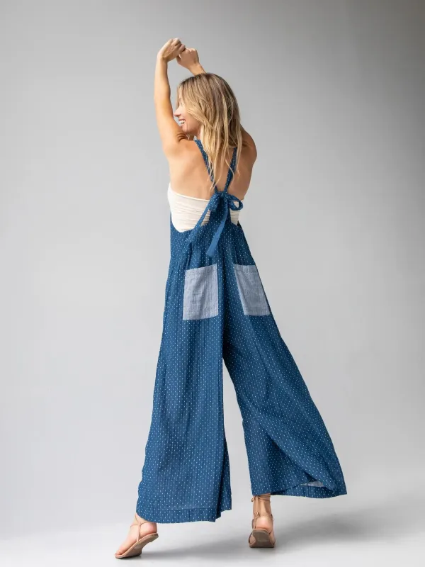 Dakota Cotton Tie Overall - Navy Polka Dots sold by NATURAL LIFE
