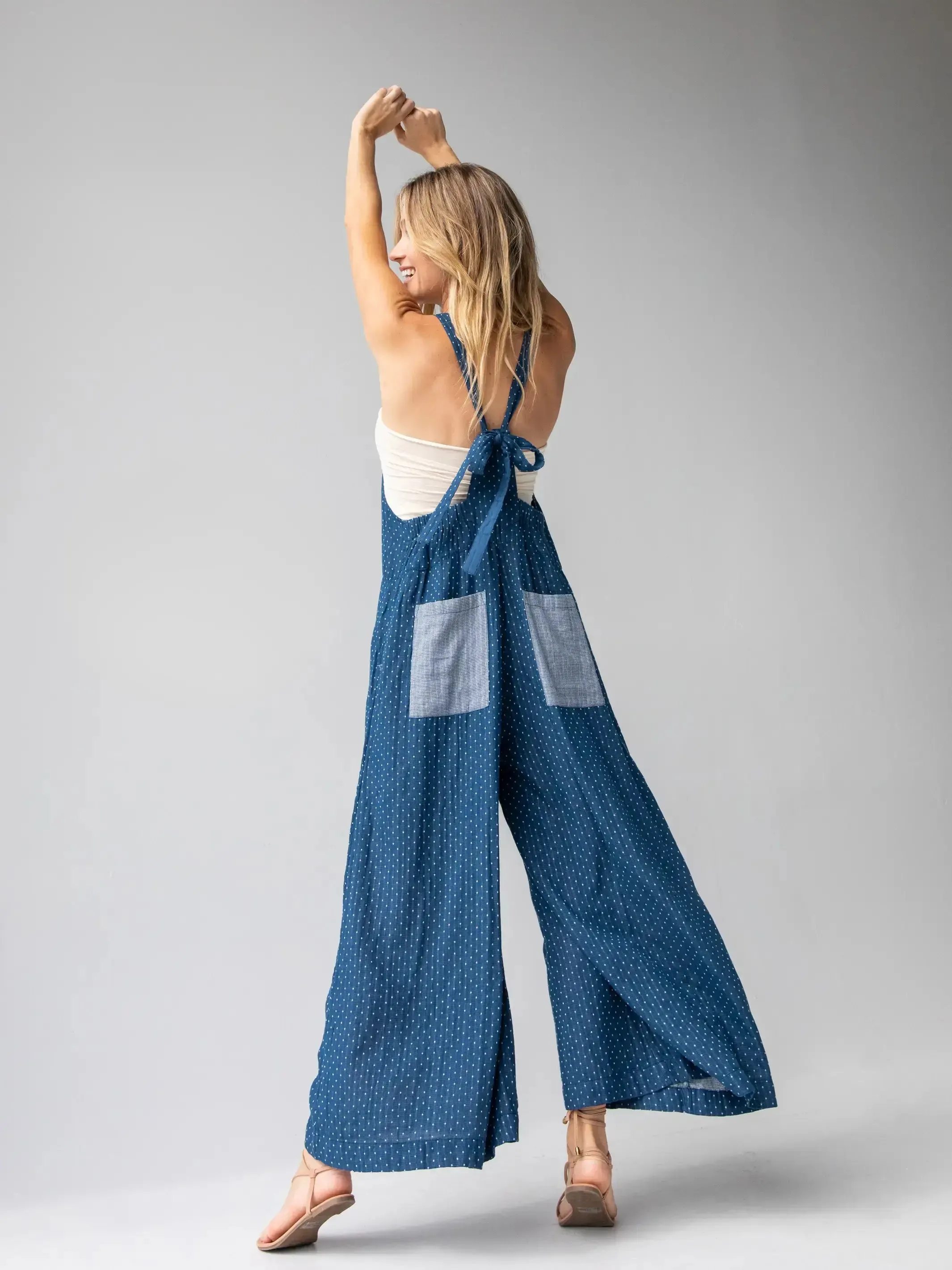 Dakota Cotton Tie Overall - Navy Polka Dots sold by NATURAL LIFE