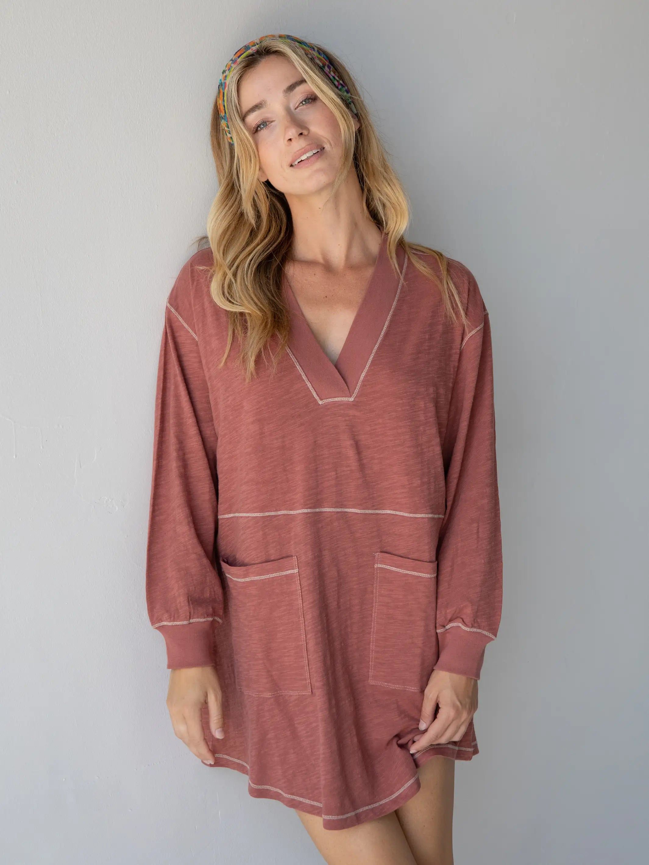 Charlie Long Sleeve V-Neck Dress - Rust sold by NATURAL LIFE
