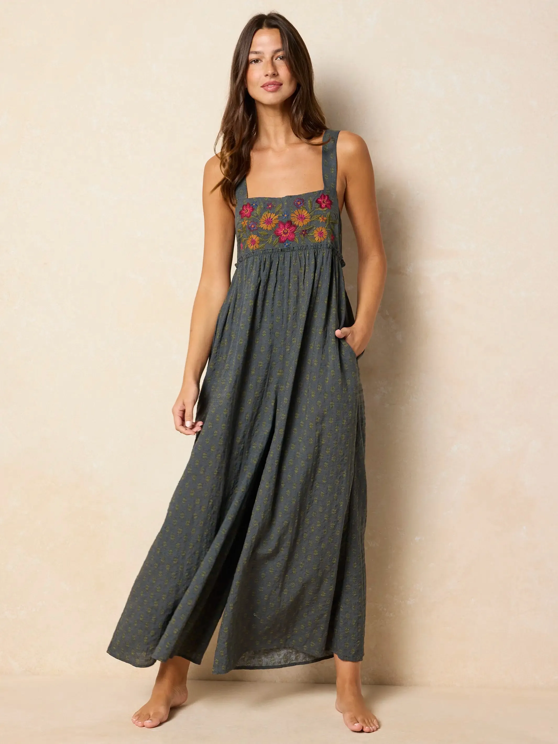 Gabi Embroidered Jumpsuit - Alma Stamp Charcoal sold by NATURAL LIFE