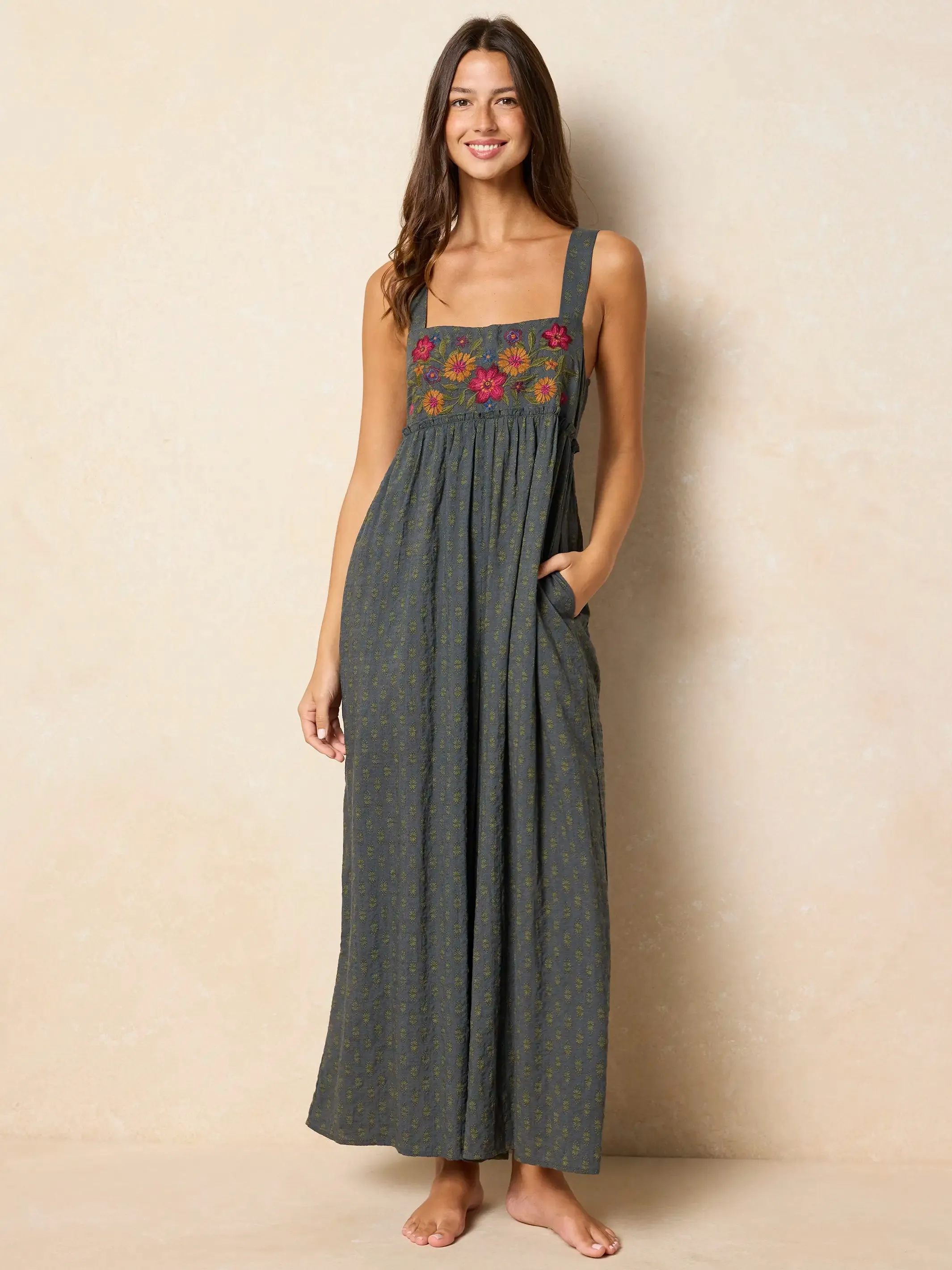 Gabi Embroidered Jumpsuit - Alma Stamp Charcoal sold by NATURAL LIFE product image thumbnail 5