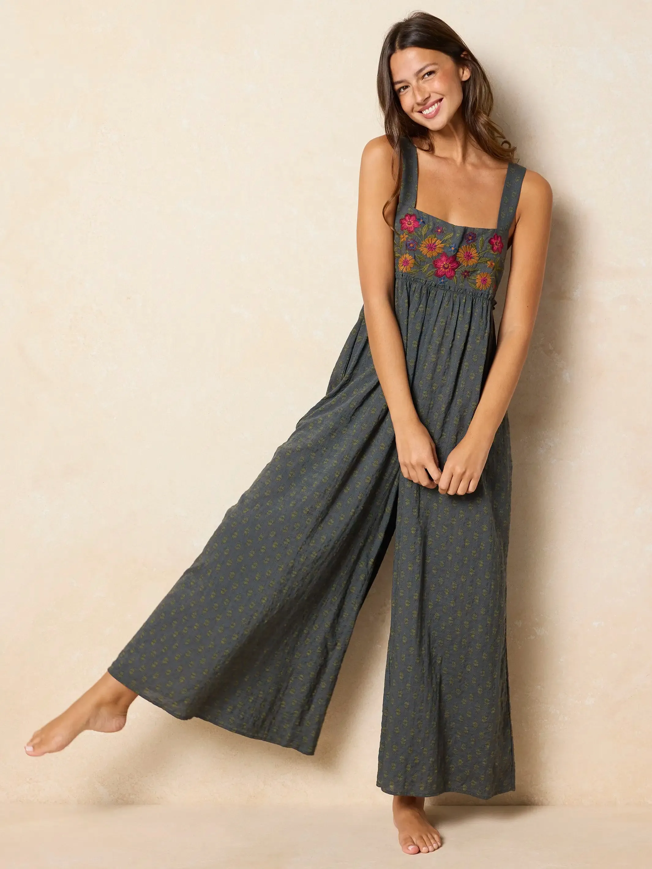 Gabi Embroidered Jumpsuit - Alma Stamp Charcoal sold by NATURAL LIFE product image thumbnail 3