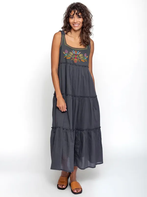 Adele Embroidered Cotton Maxi Dress - Charcoal made by NATURAL LIFE
