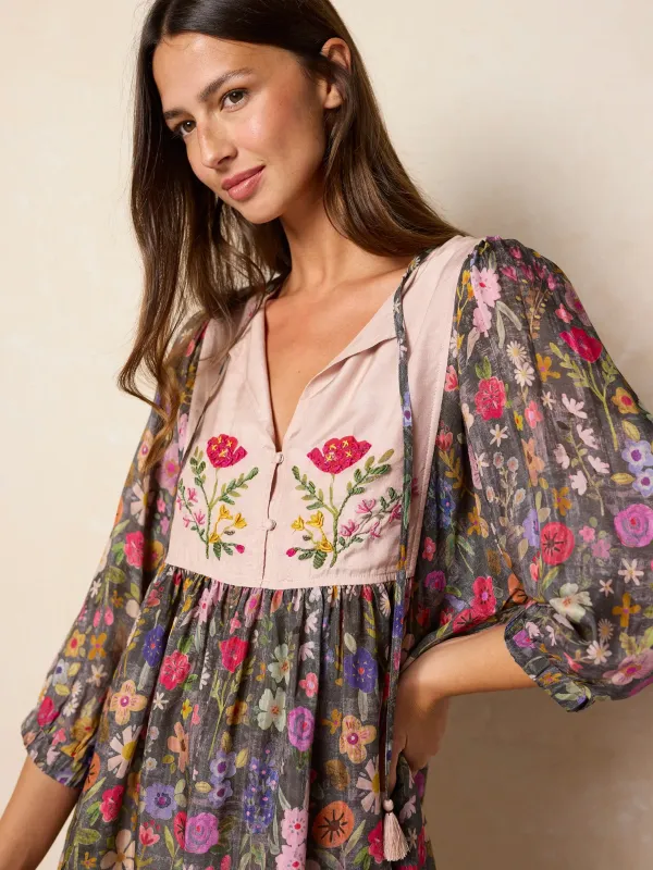 Rose Embroidered Mini Dress - Flung Floral Wildflowers made by NATURAL LIFE