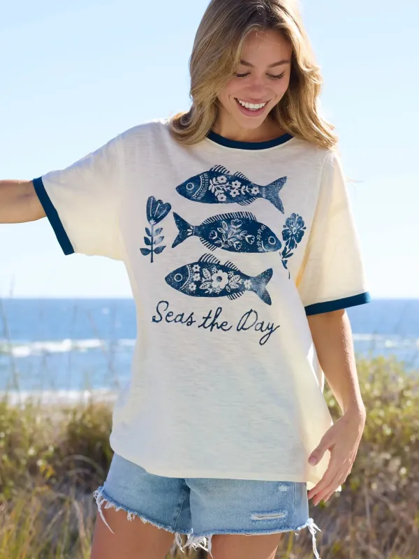 Ringer Oversized Tee Shirt - Seas The Day made by NATURAL LIFE