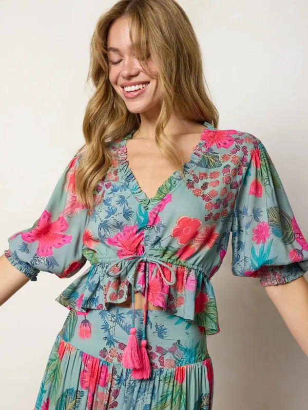 Elisa Ruffle Tie Top - Neon Tropical Floral made by NATURAL LIFE