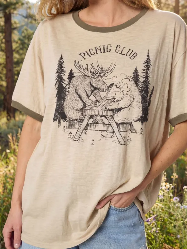 Ringer Oversized Tee Shirt - Picnic Club made by NATURAL LIFE