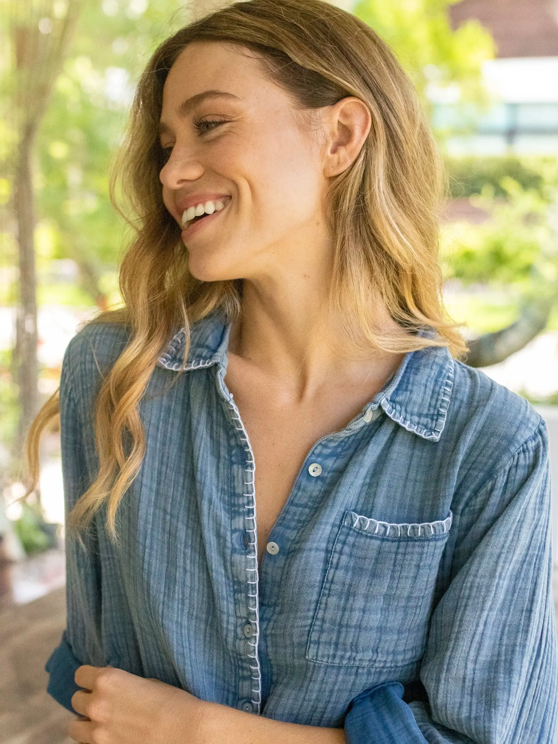 Lola Tie Cotton Button Down - Denim Cotton Gauze sold by NATURAL LIFE product image thumbnail 2