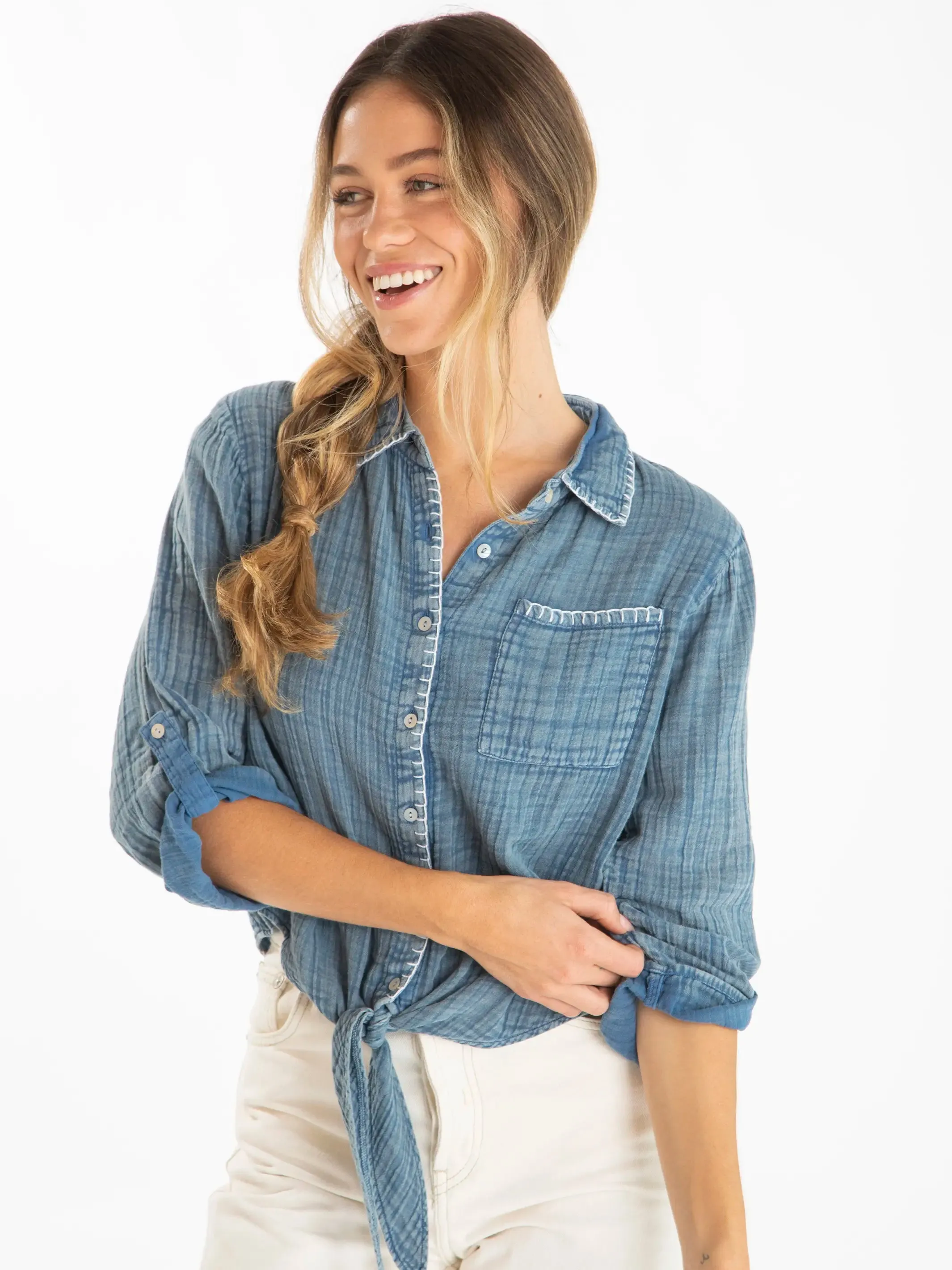 Lola Tie Cotton Button Down - Denim Cotton Gauze sold by NATURAL LIFE product image thumbnail 4