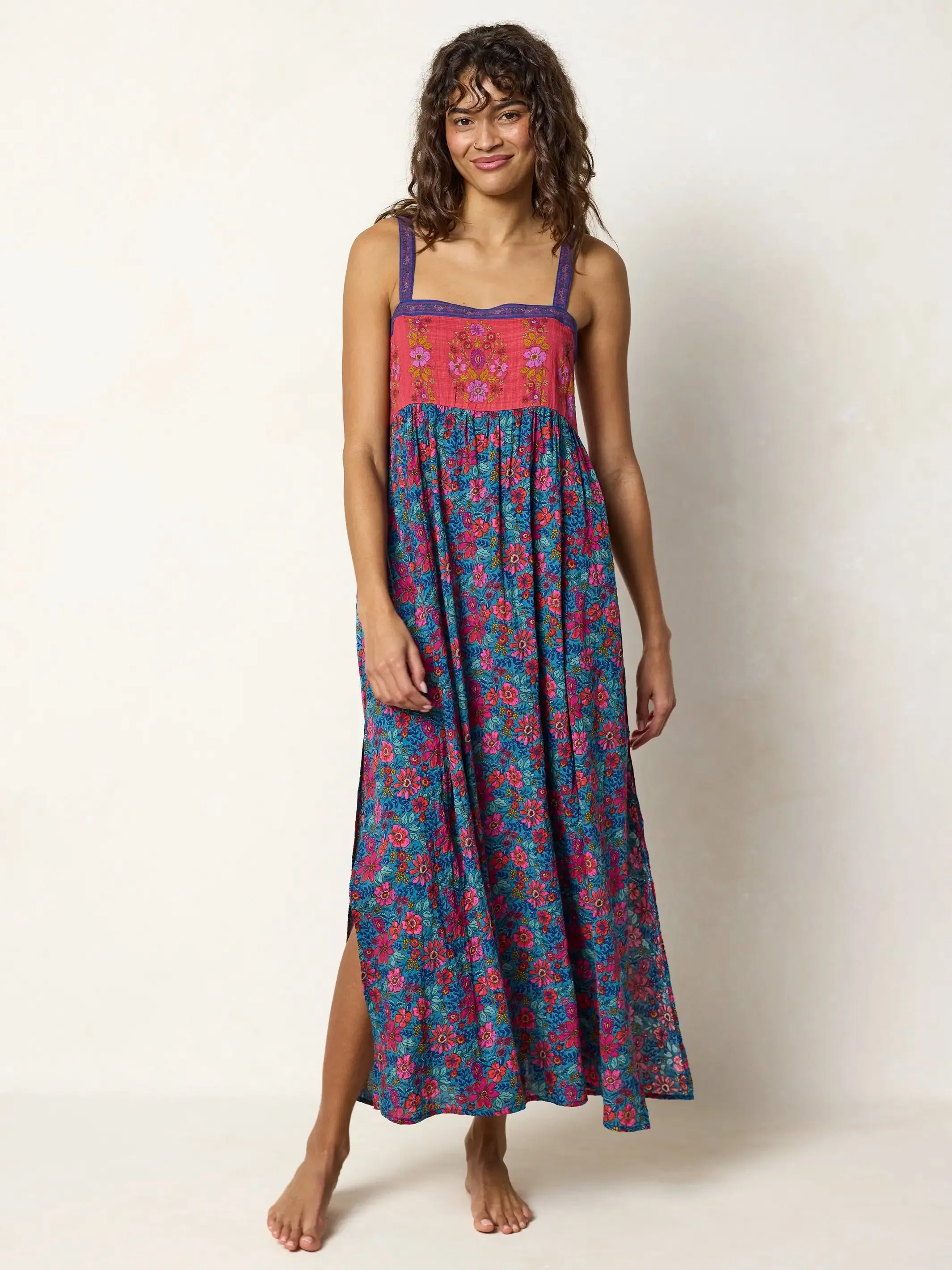 Patti Side Slit Maxi Dress - Teal Boho Border Scarf sold by NATURAL LIFE