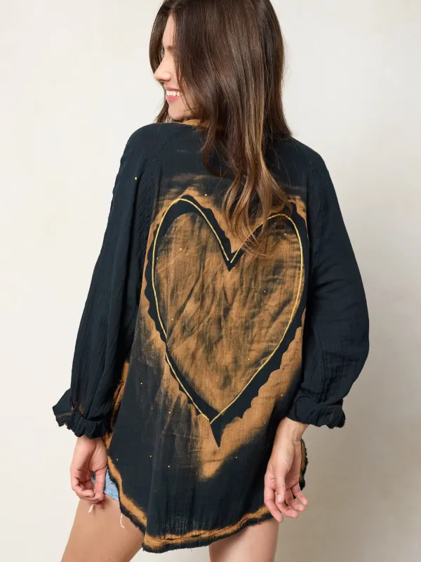 Laid Back Cotton Button Down Top - Black Heart made by NATURAL LIFE