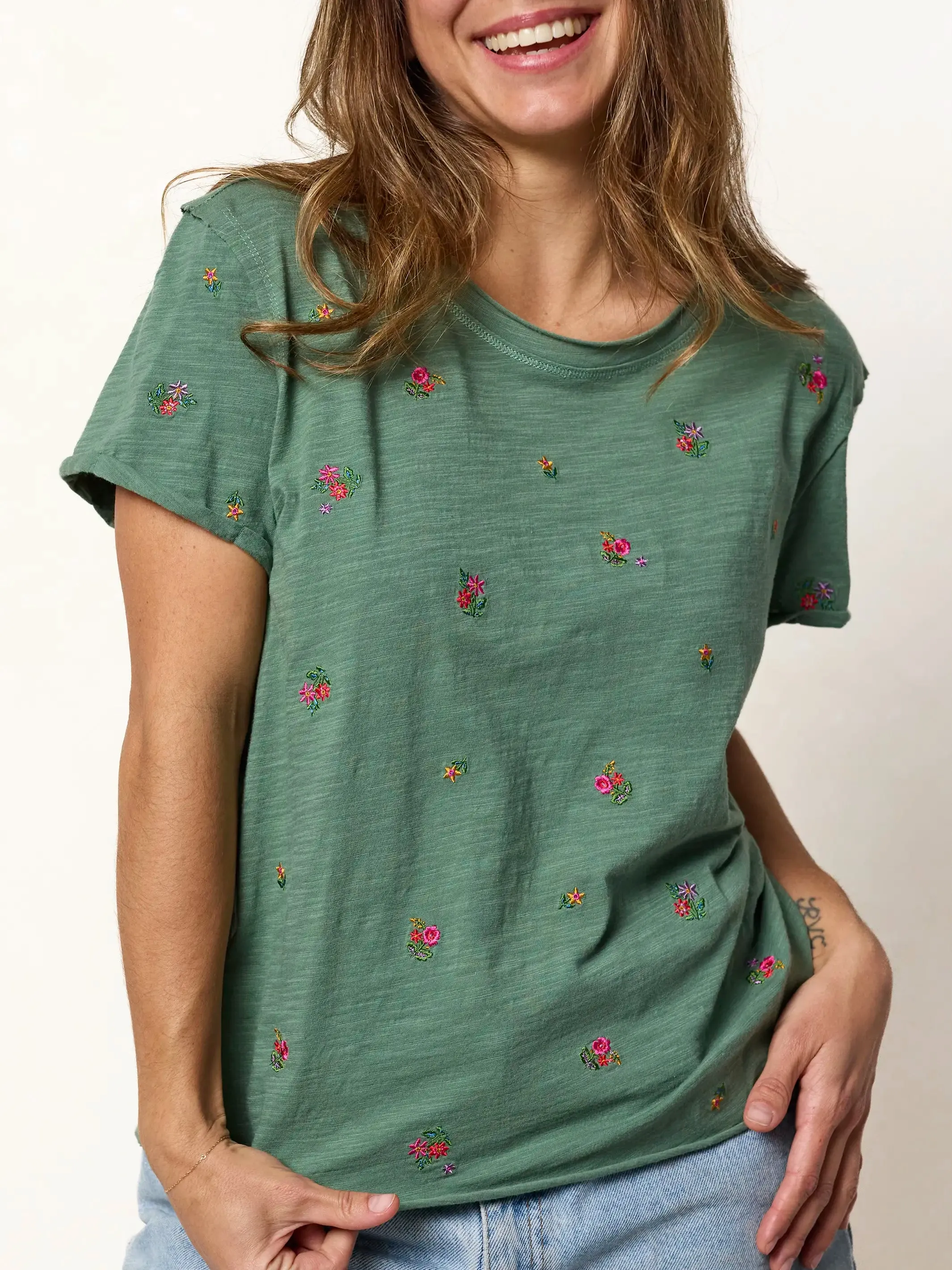 Aiden Embroidered Cotton Tee - Olive Flowers sold by NATURAL LIFE product image thumbnail 2