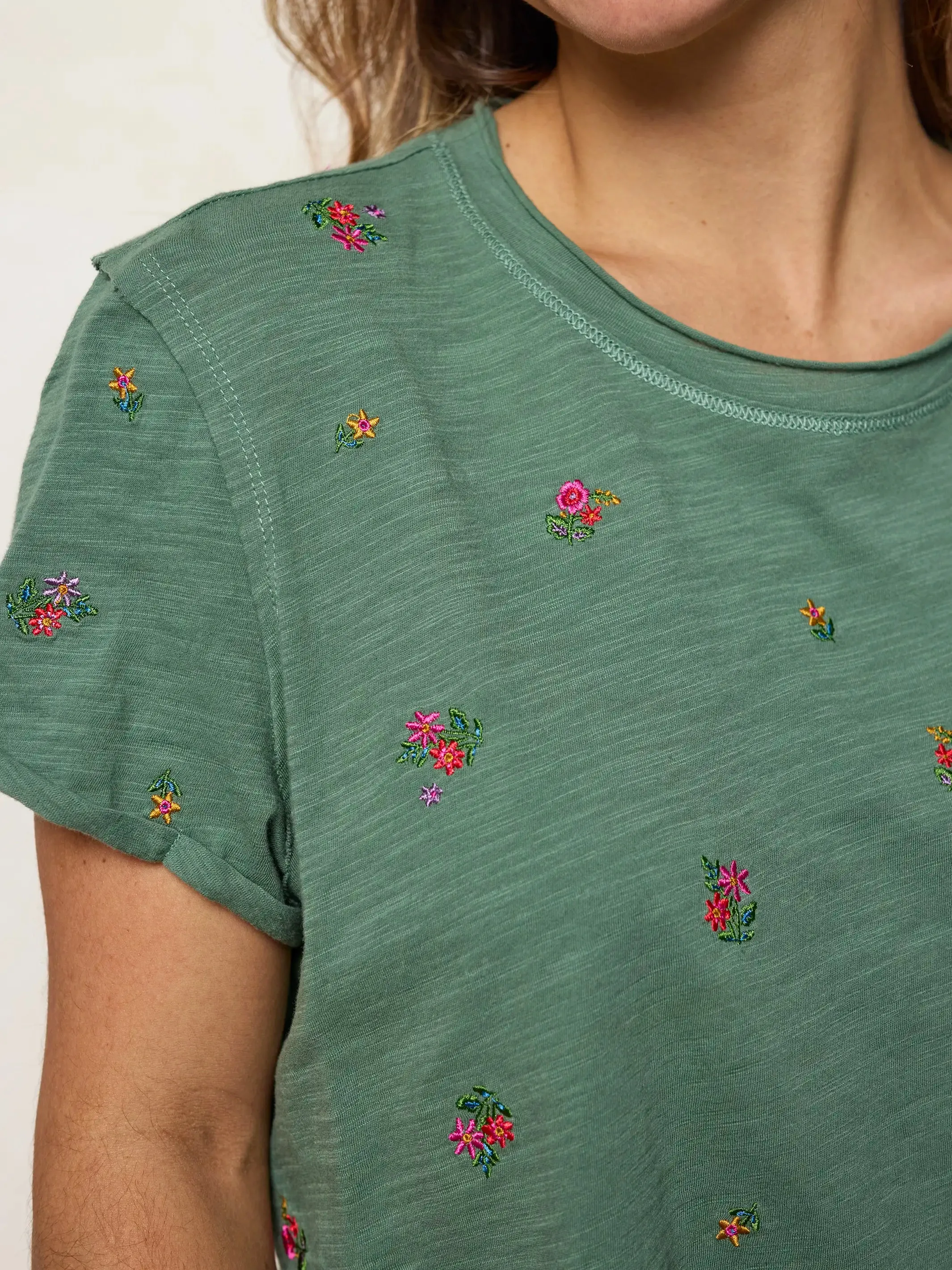 Aiden Embroidered Cotton Tee - Olive Flowers sold by NATURAL LIFE