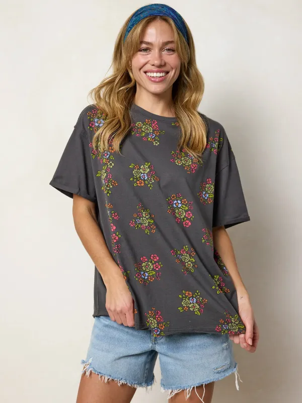 Take It In Cotton Tee - Charcoal Folk Flower made by NATURAL LIFE