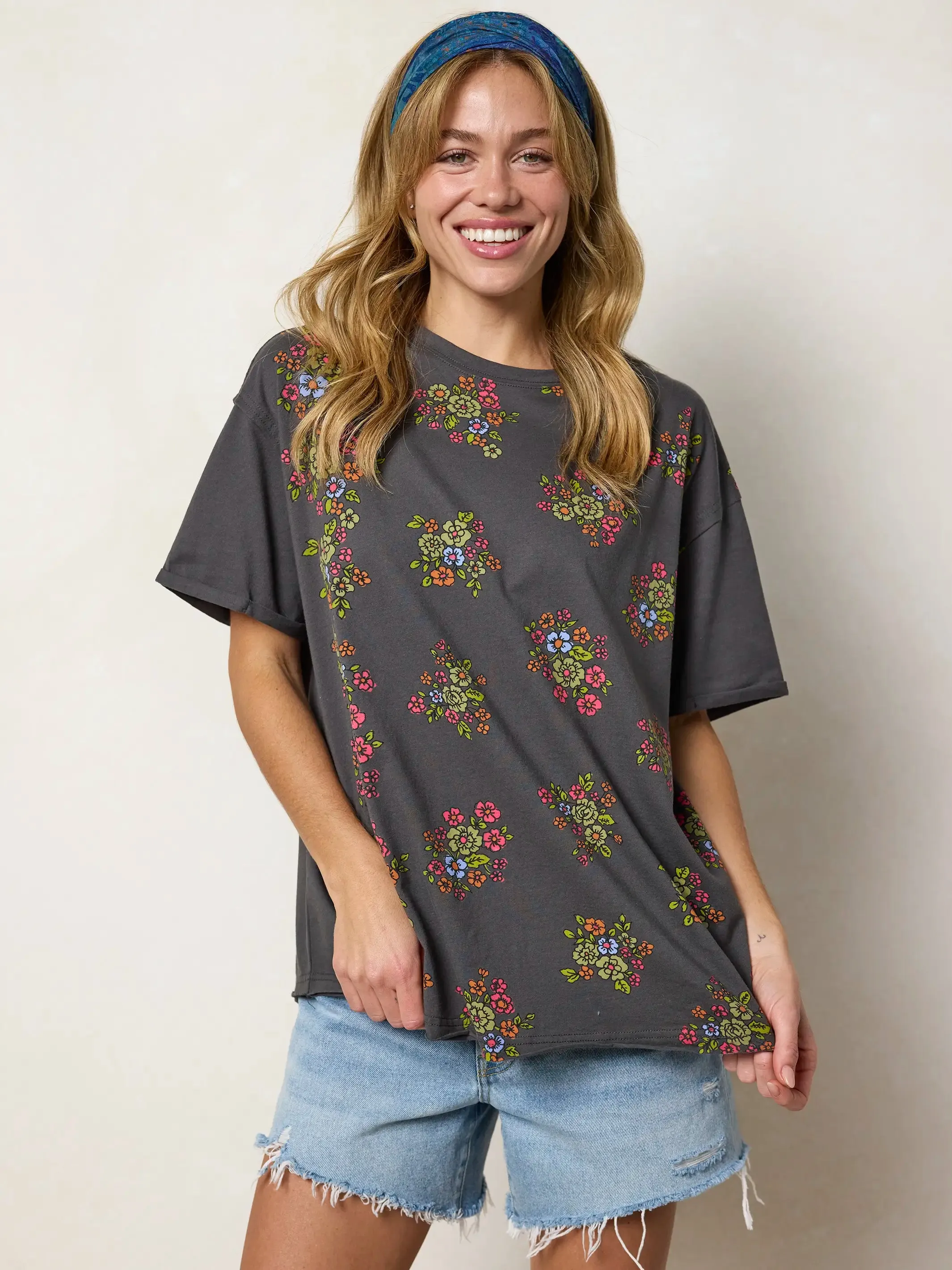 Take It In Cotton Tee - Charcoal Folk Flower sold by NATURAL LIFE