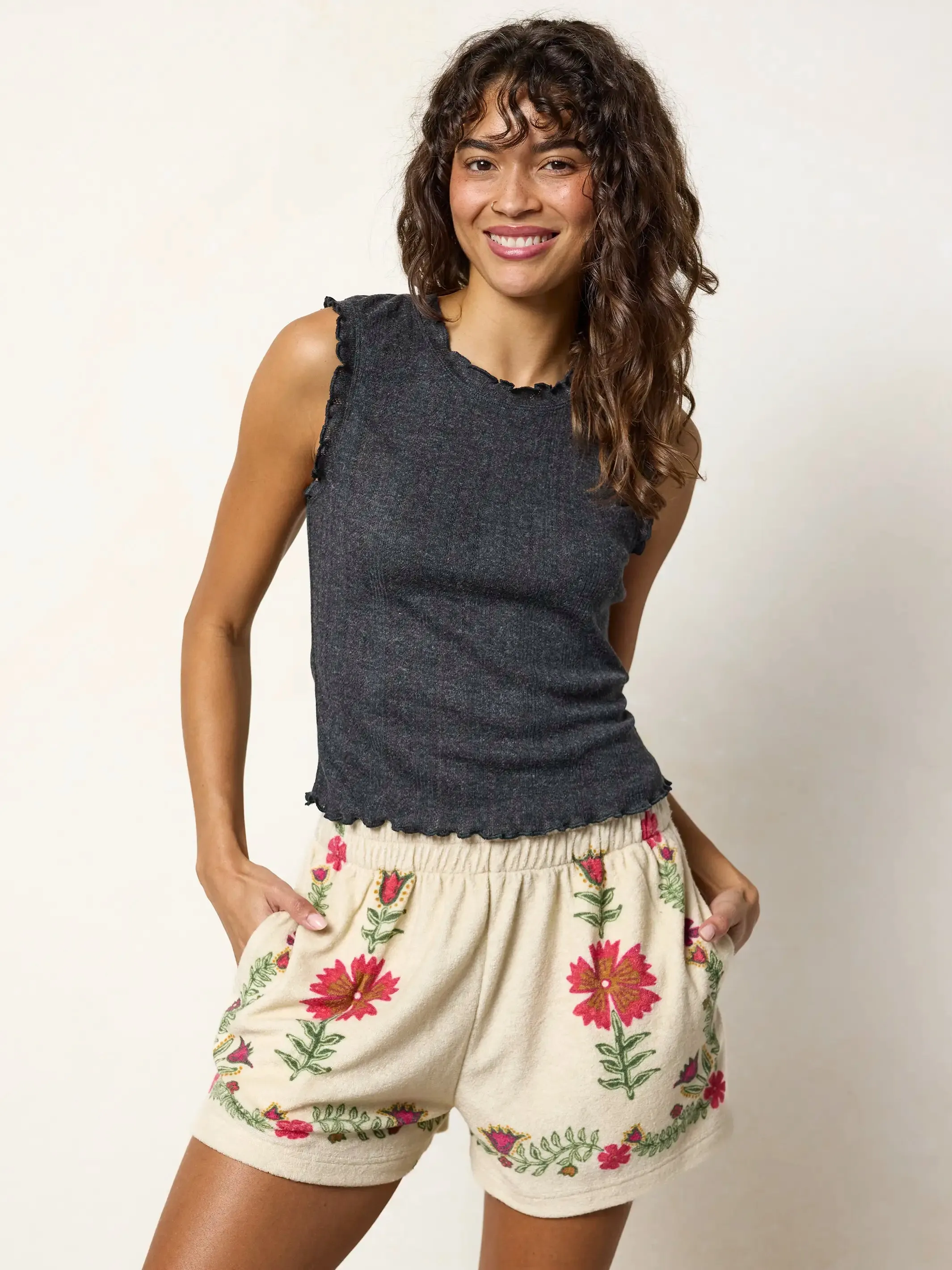 Janie Pointelle Tank - Charcoal sold by NATURAL LIFE
