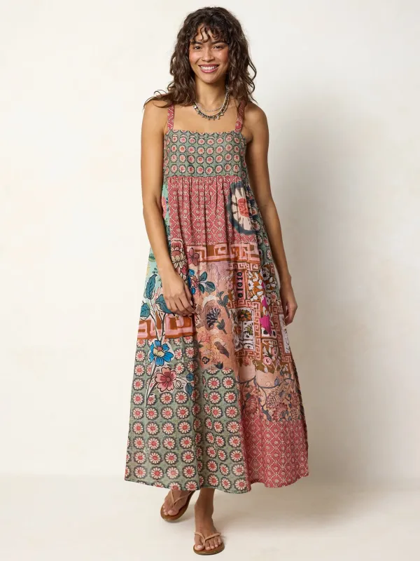 Patti Side Slit Cotton Maxi Dress - Patchwork Medallion Floral made by NATURAL LIFE