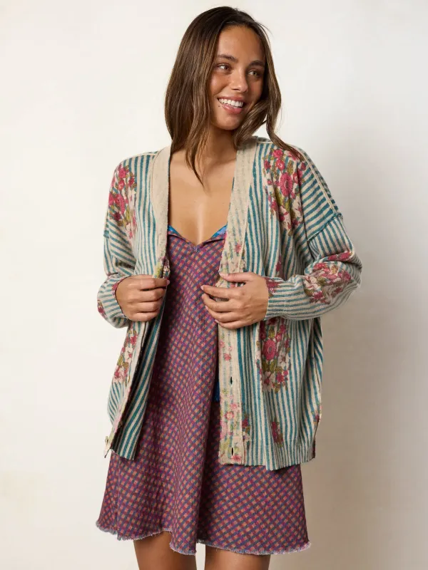 Live Happy Cardigan Sweater - Jaipur Stripe Washed Teal made by NATURAL LIFE
