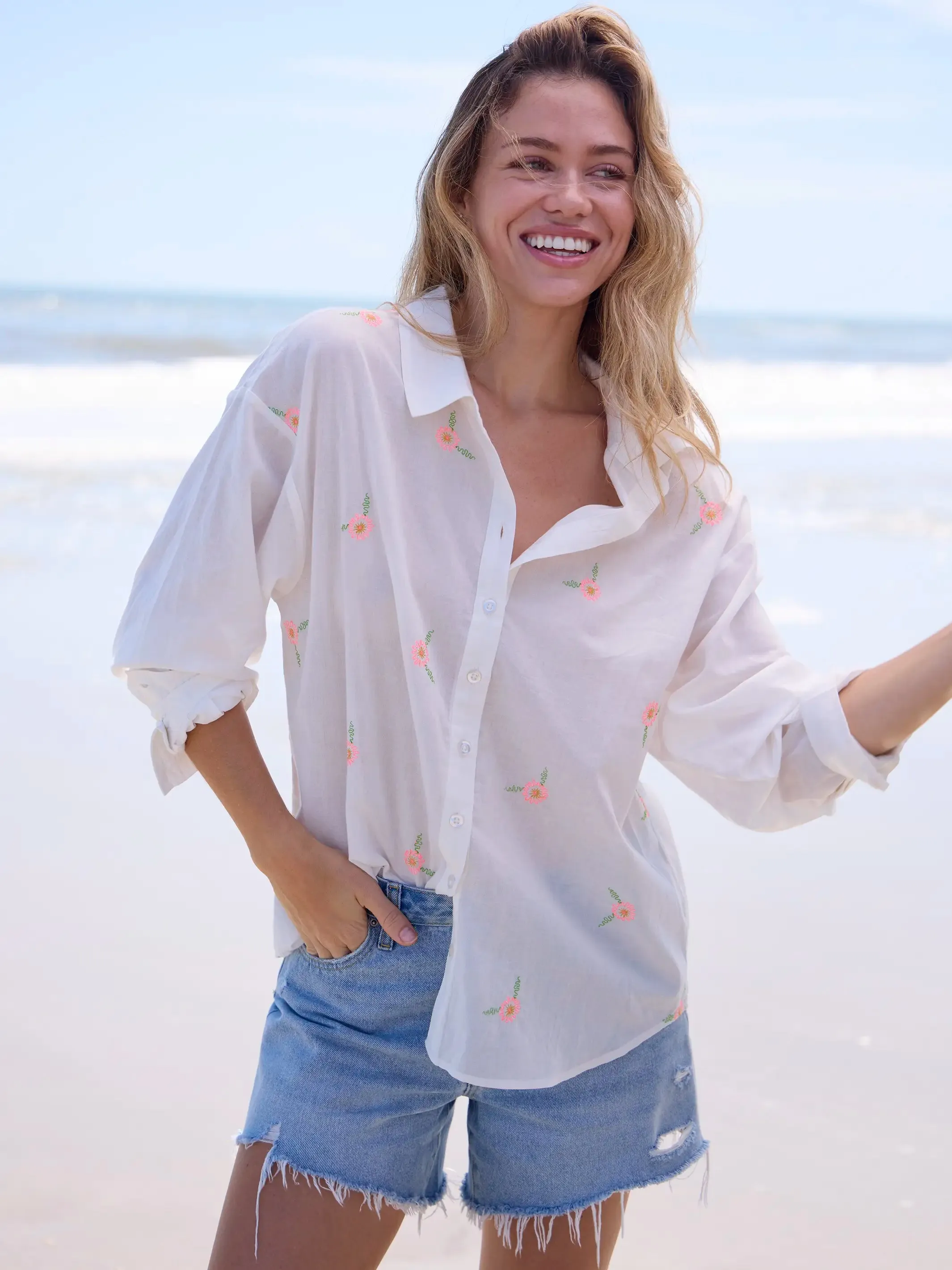 Barcelona Embroidered Cotton Button Down - White Floral sold by NATURAL LIFE product image thumbnail 2