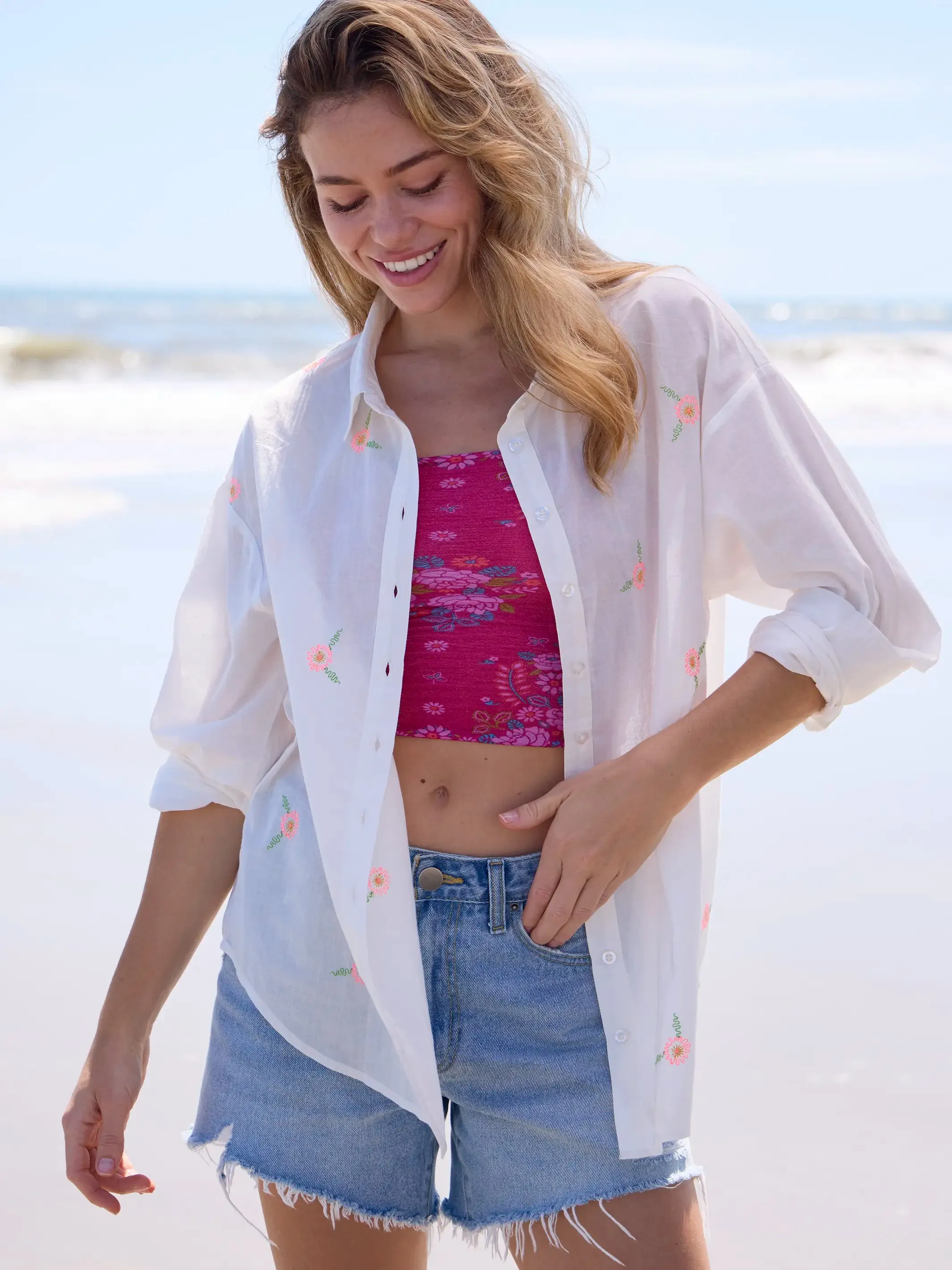 Barcelona Embroidered Cotton Button Down - White Floral sold by NATURAL LIFE product image thumbnail 3