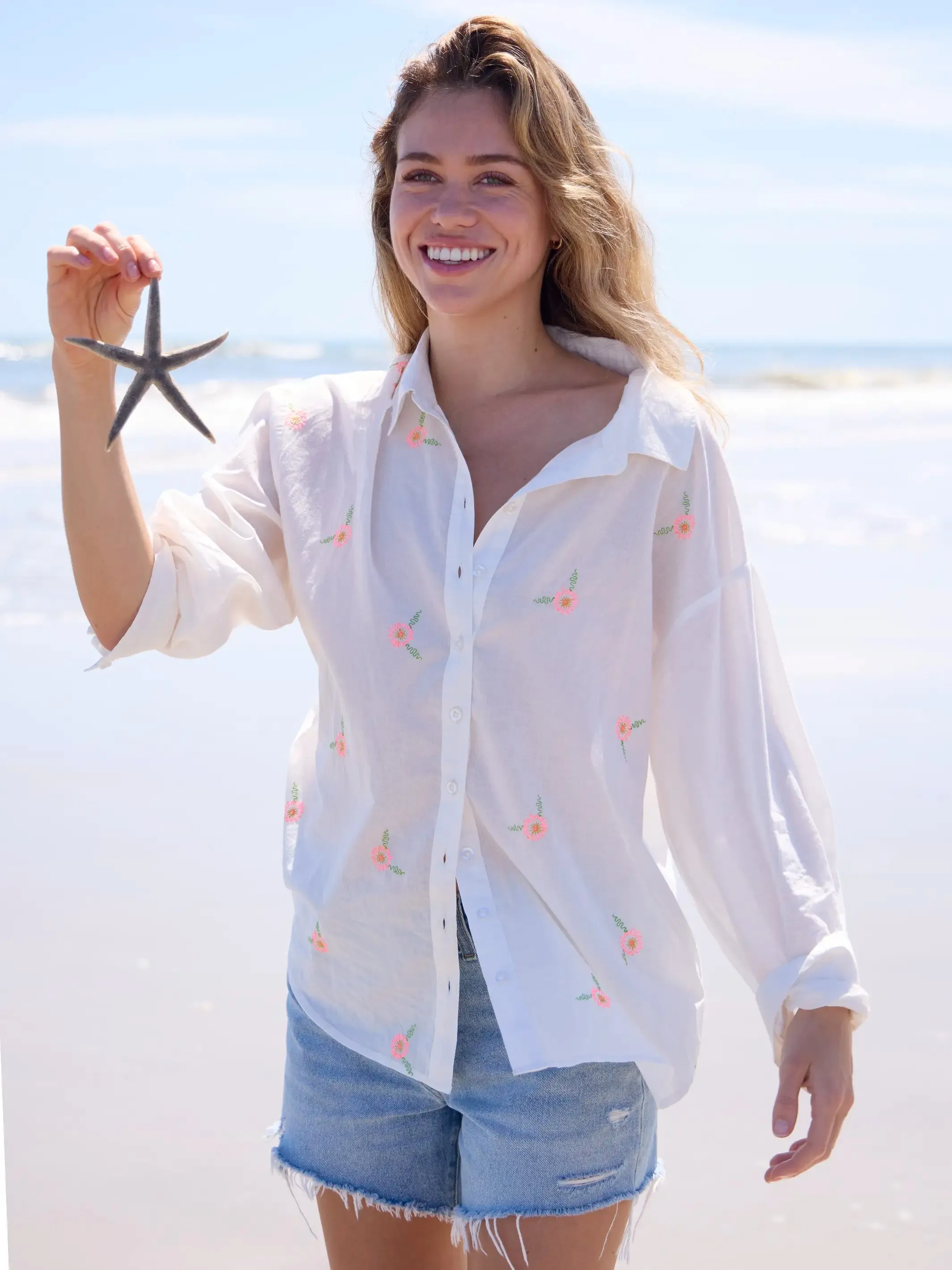 Barcelona Embroidered Cotton Button Down - White Floral sold by NATURAL LIFE product image thumbnail 4