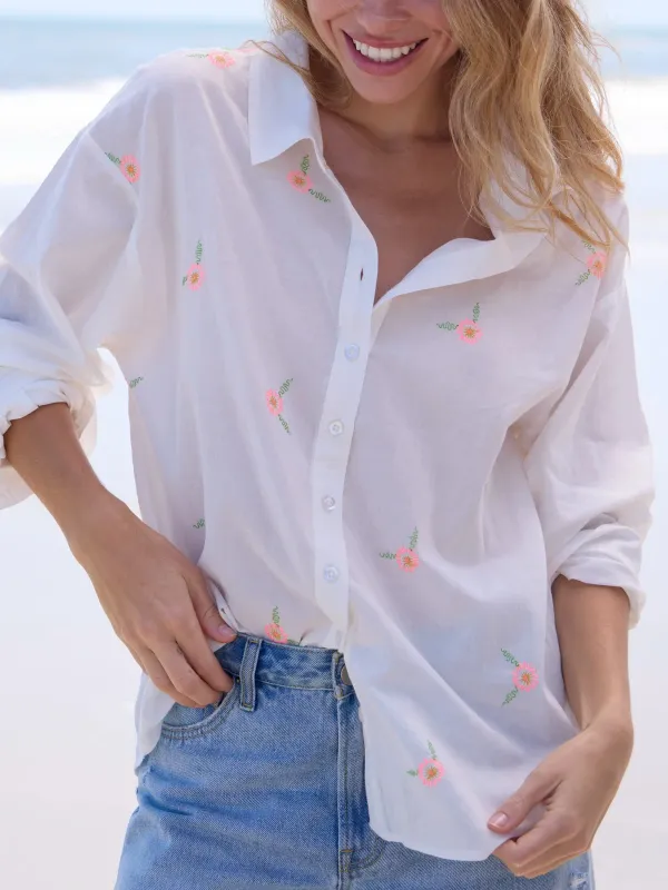 Barcelona Embroidered Cotton Button Down - White Floral made by NATURAL LIFE