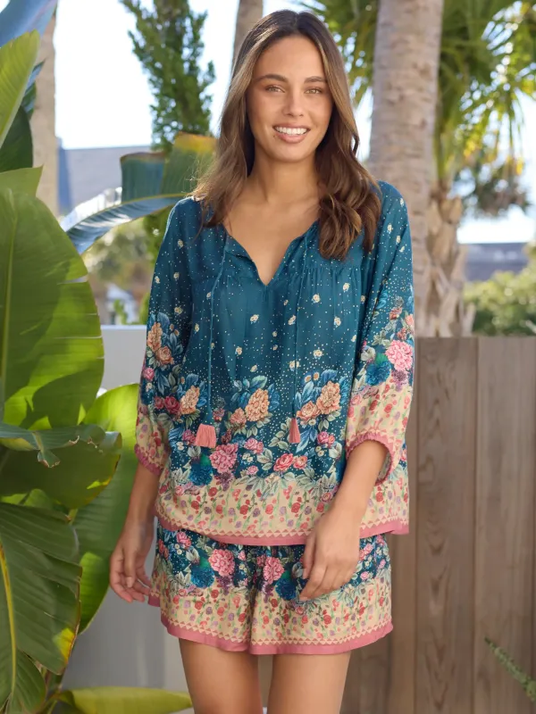 Maribel Top - Dark Teal Carnations made by NATURAL LIFE