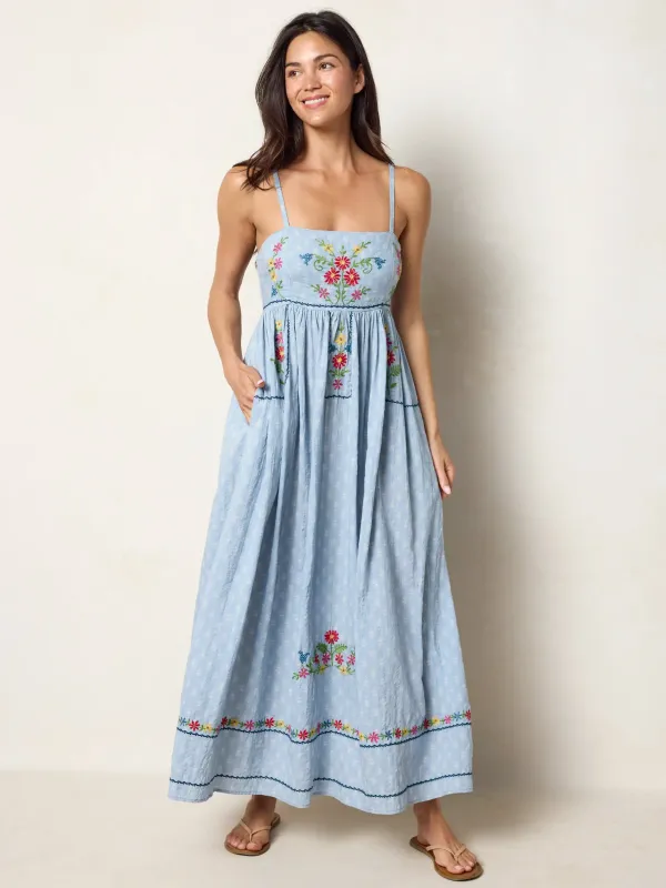 Bailey Embroidered Maxi Dress - Alma Stamp Blue made by NATURAL LIFE