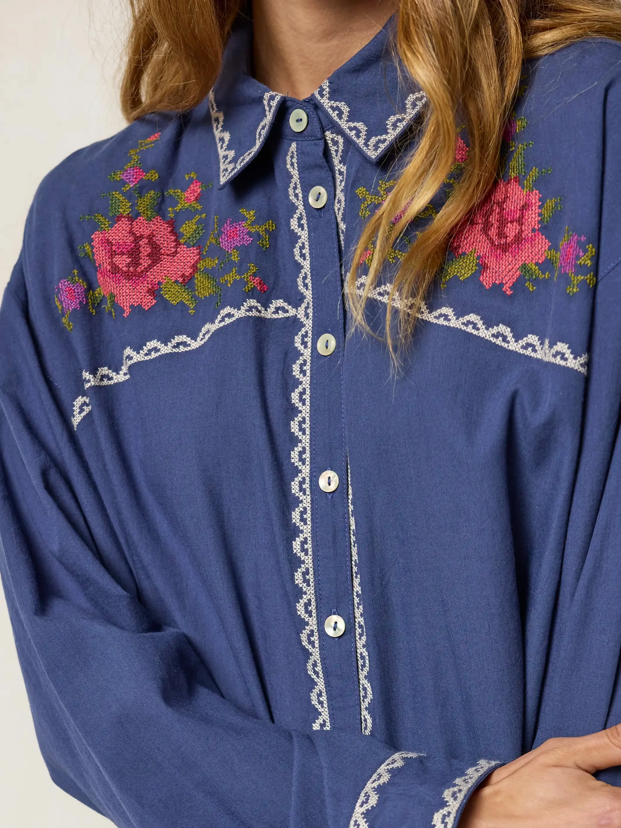 Round Top Embroidered Button Down - Indigo sold by NATURAL LIFE product image thumbnail 5