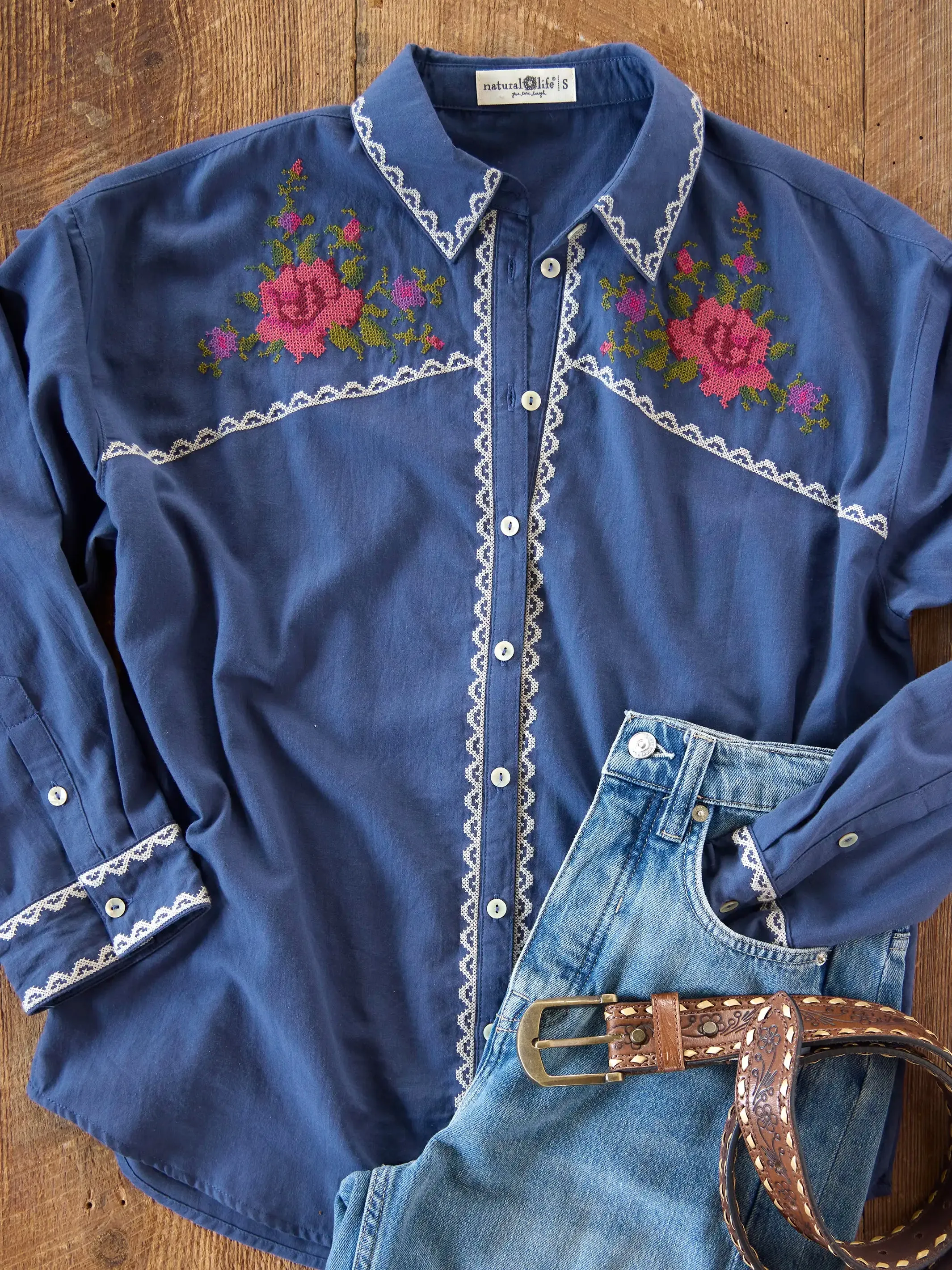 Round Top Embroidered Button Down - Indigo sold by NATURAL LIFE product image thumbnail 4