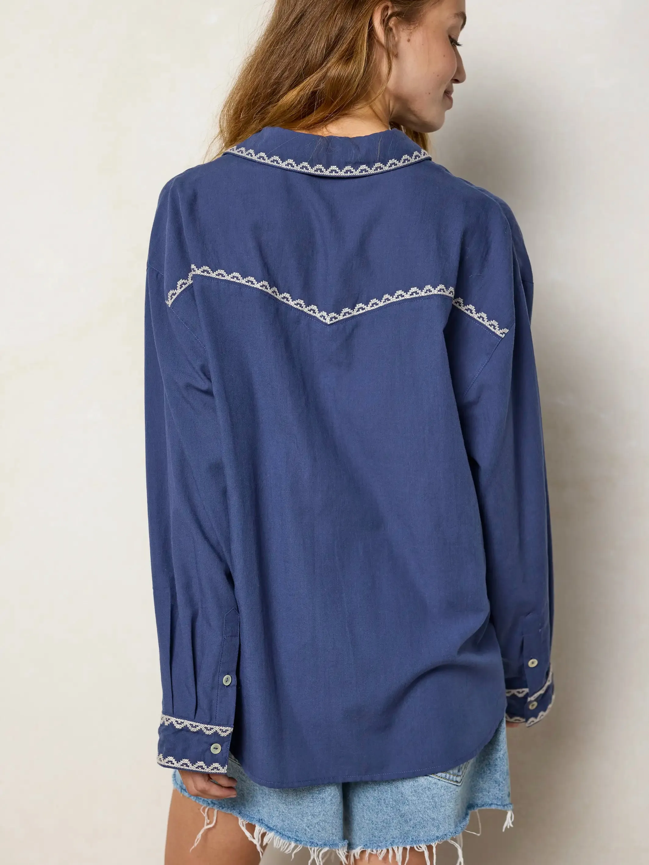 Round Top Embroidered Button Down - Indigo sold by NATURAL LIFE product image thumbnail 3