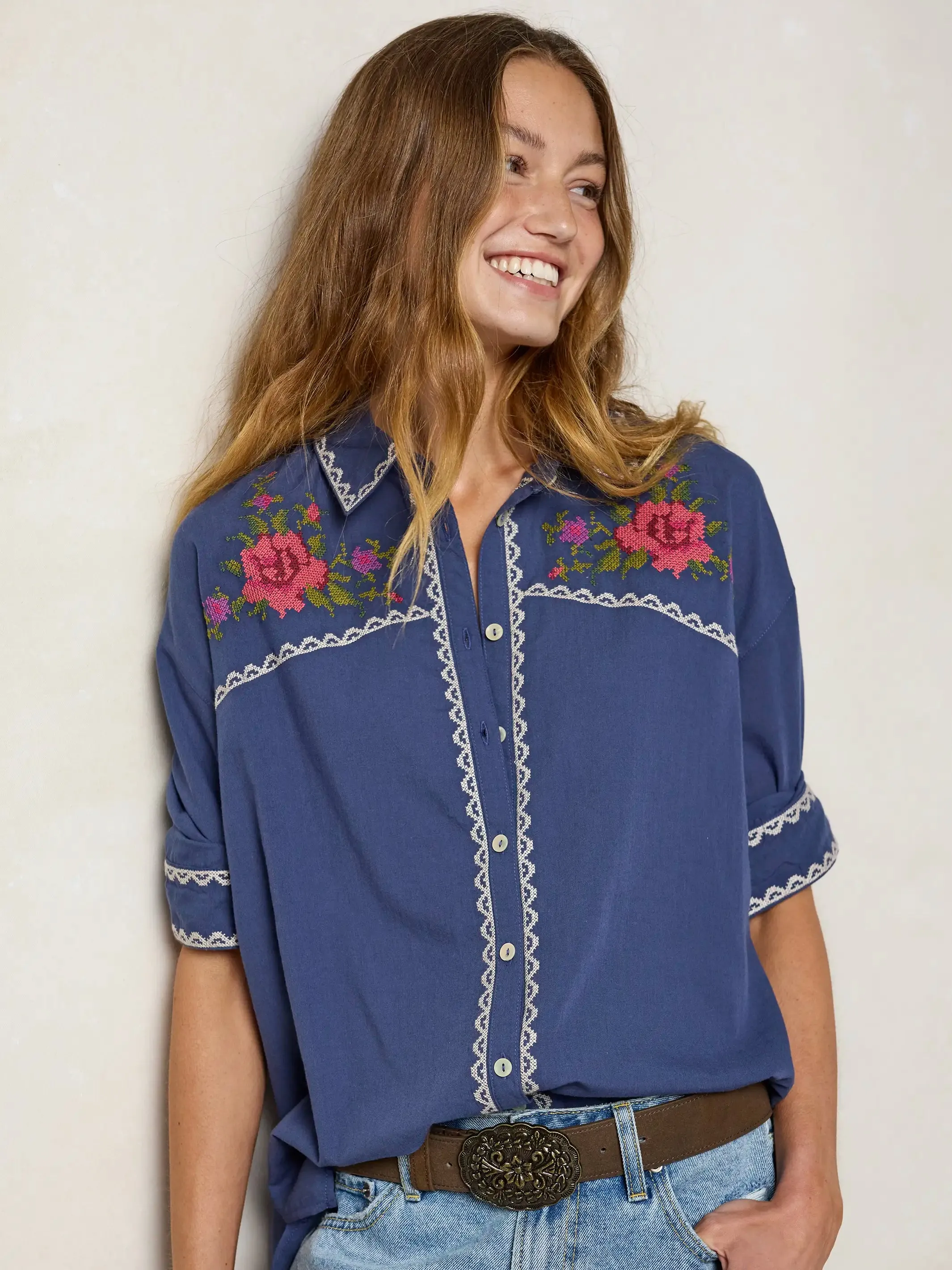 Round Top Embroidered Button Down - Indigo sold by NATURAL LIFE product image thumbnail 2